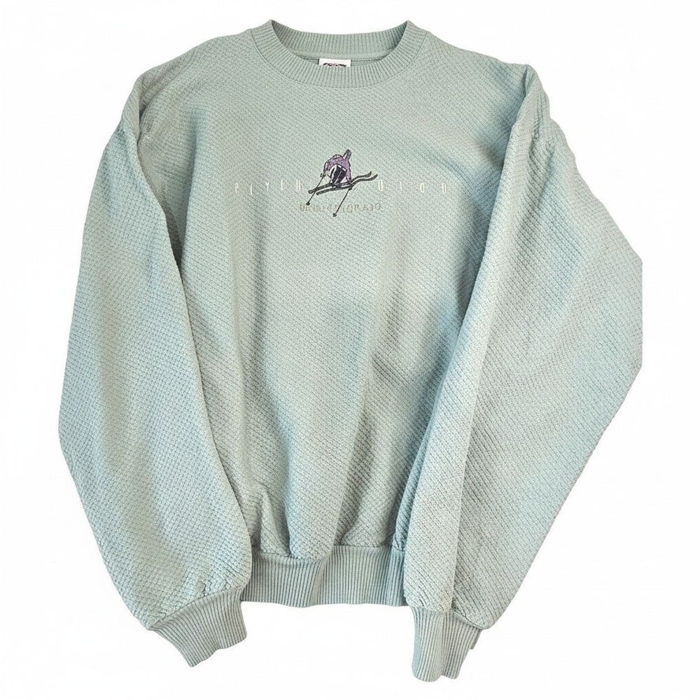 Vintage WEK Vail Colorado Skier Sweatshirt Sage Green Textured Cotton USA Large